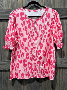 Pink Animal Print Puff Sleeve Blouse Like New